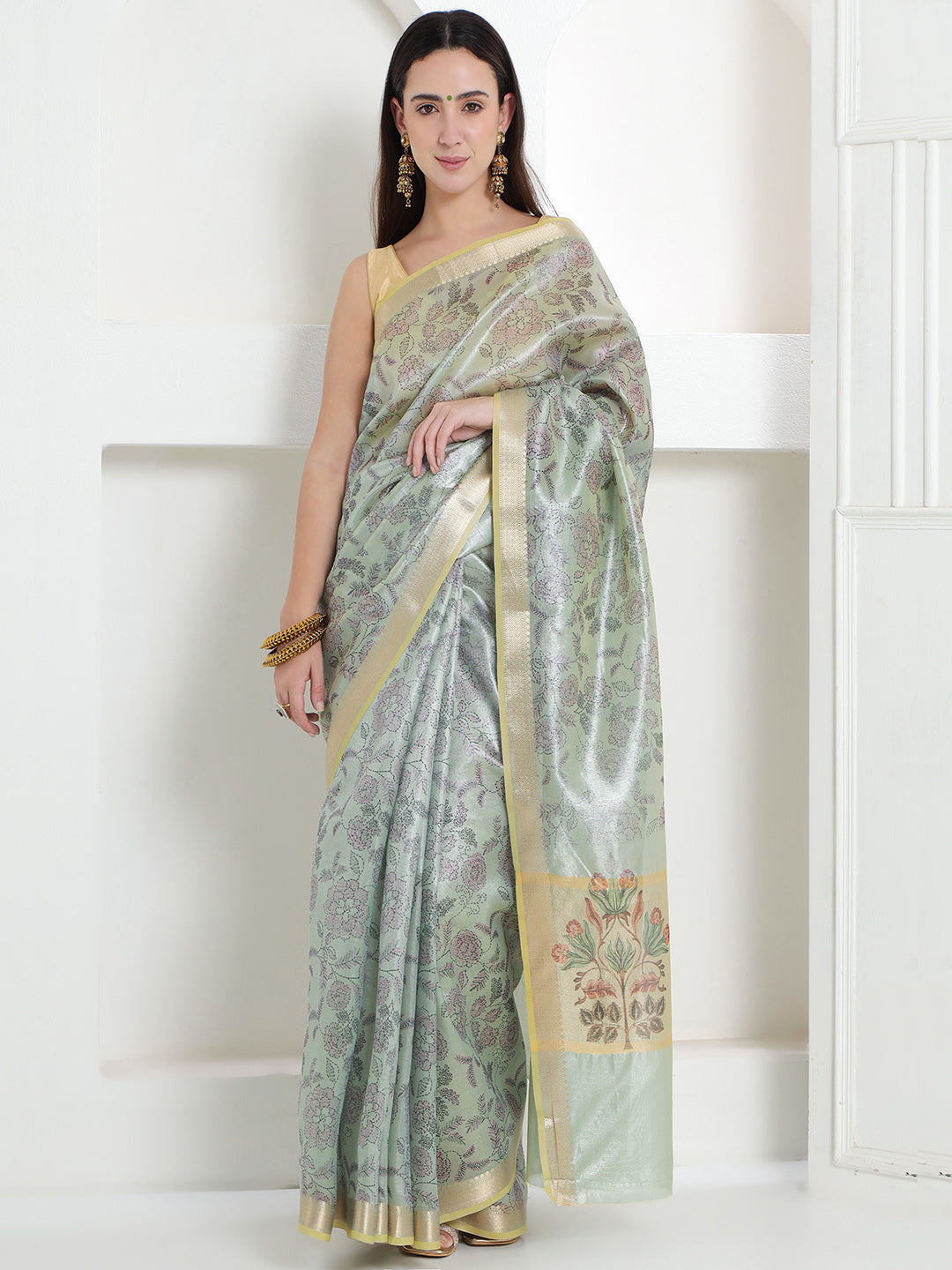 Banarasi Woven Tissue Saree - Pastel Sage Green & Gold