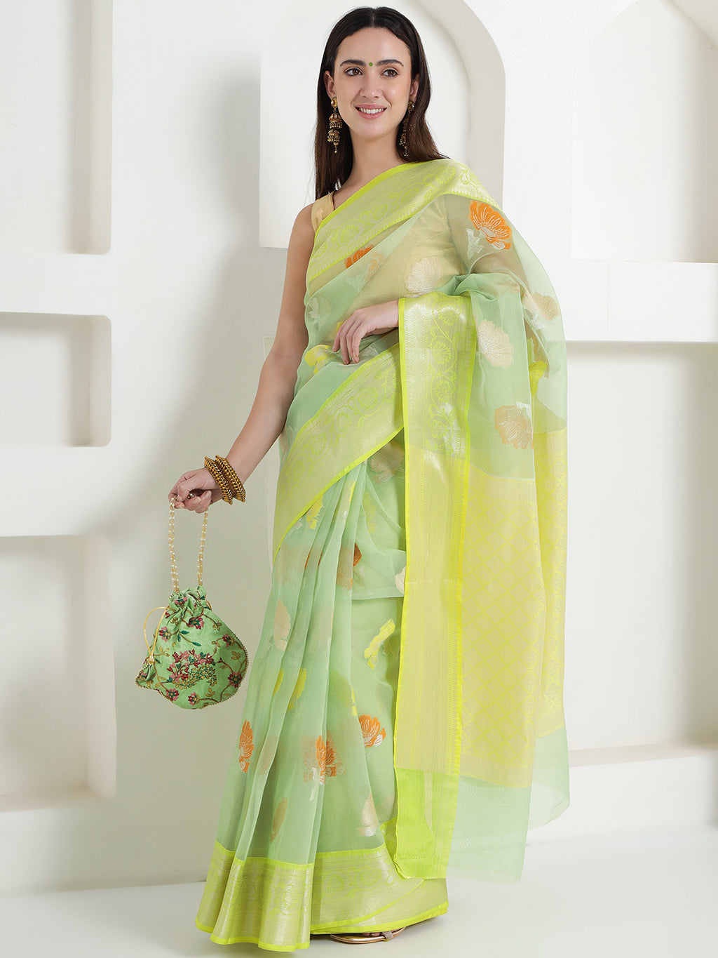 Banarasi Woven Organza Saree - Lemon Yellow & Mint