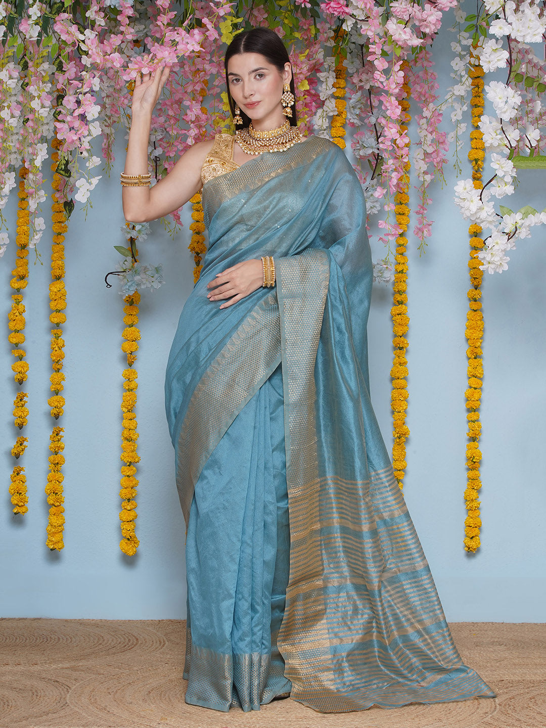 Tussar Silk Saree with Golden Zari Work - Pastel Blue
