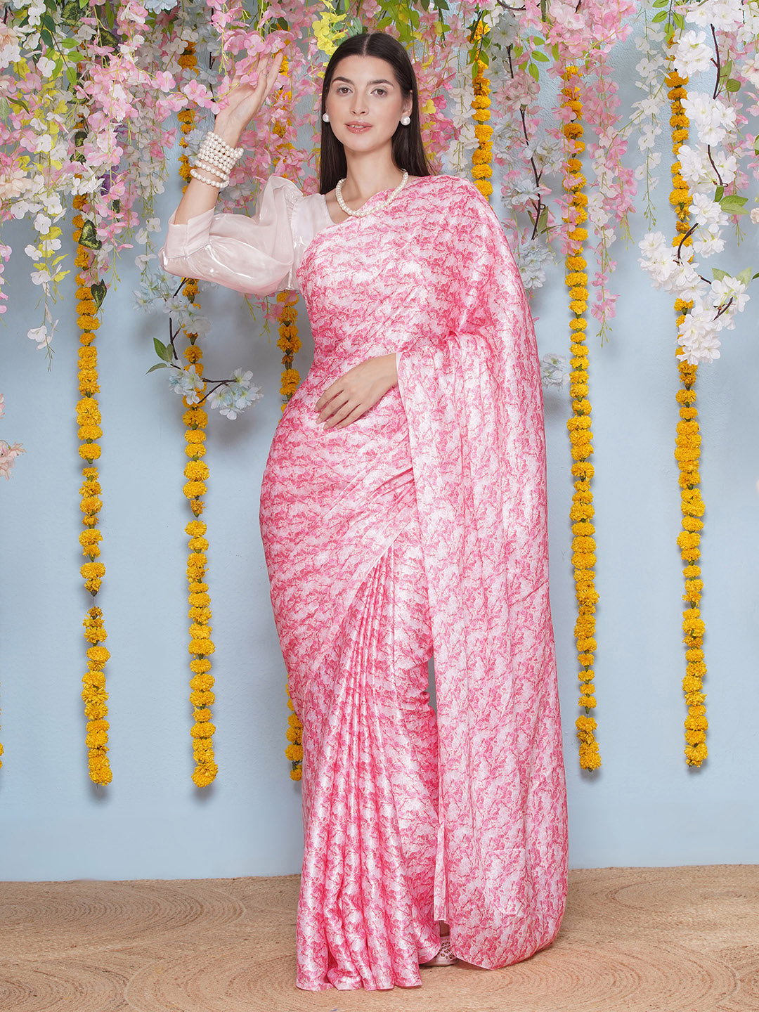 Floral Print Satin Silk Saree - Light Pink
