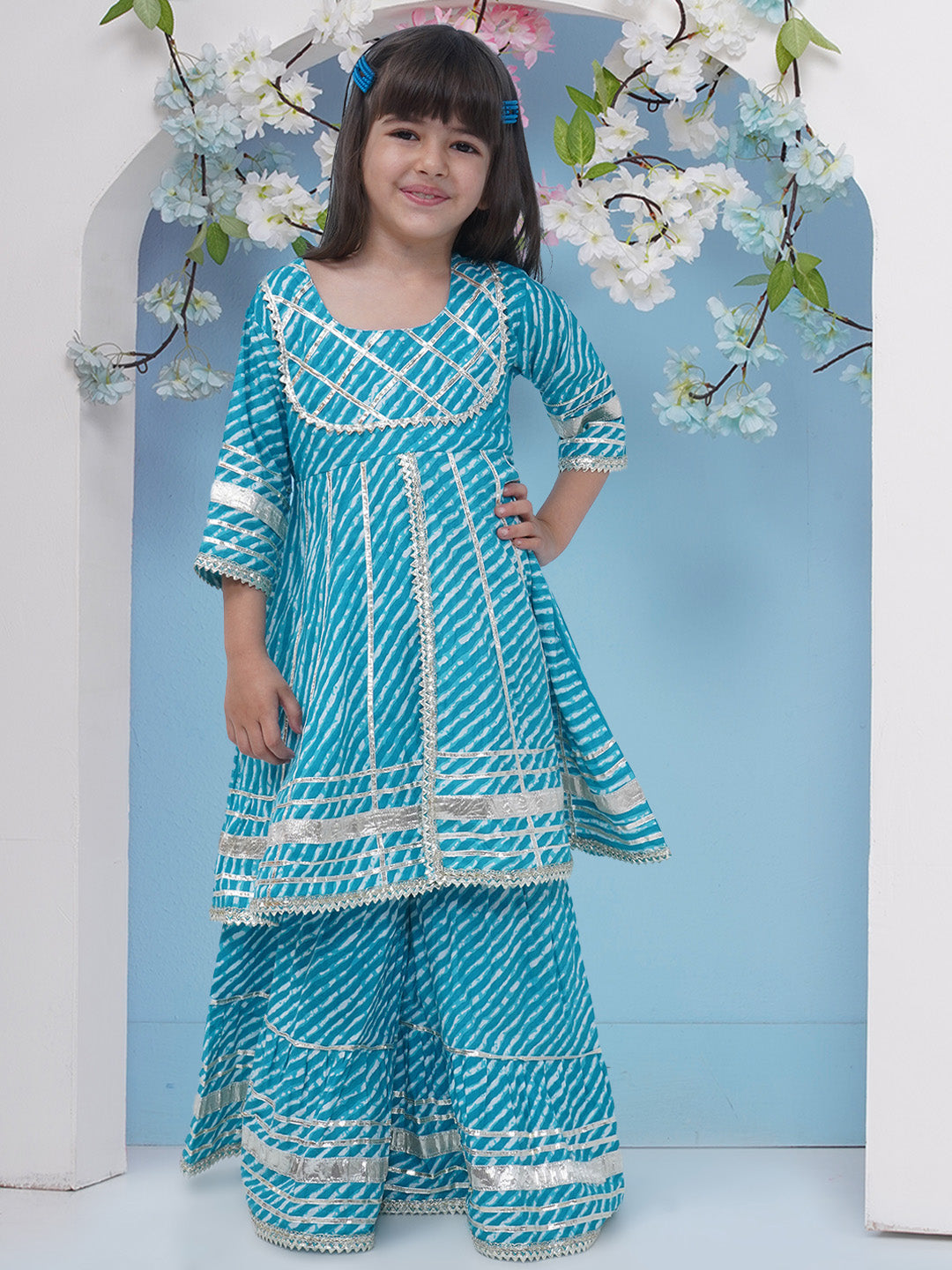 Girls Leheriya Print Gota Patti Pure Cotton Sharara - Blue