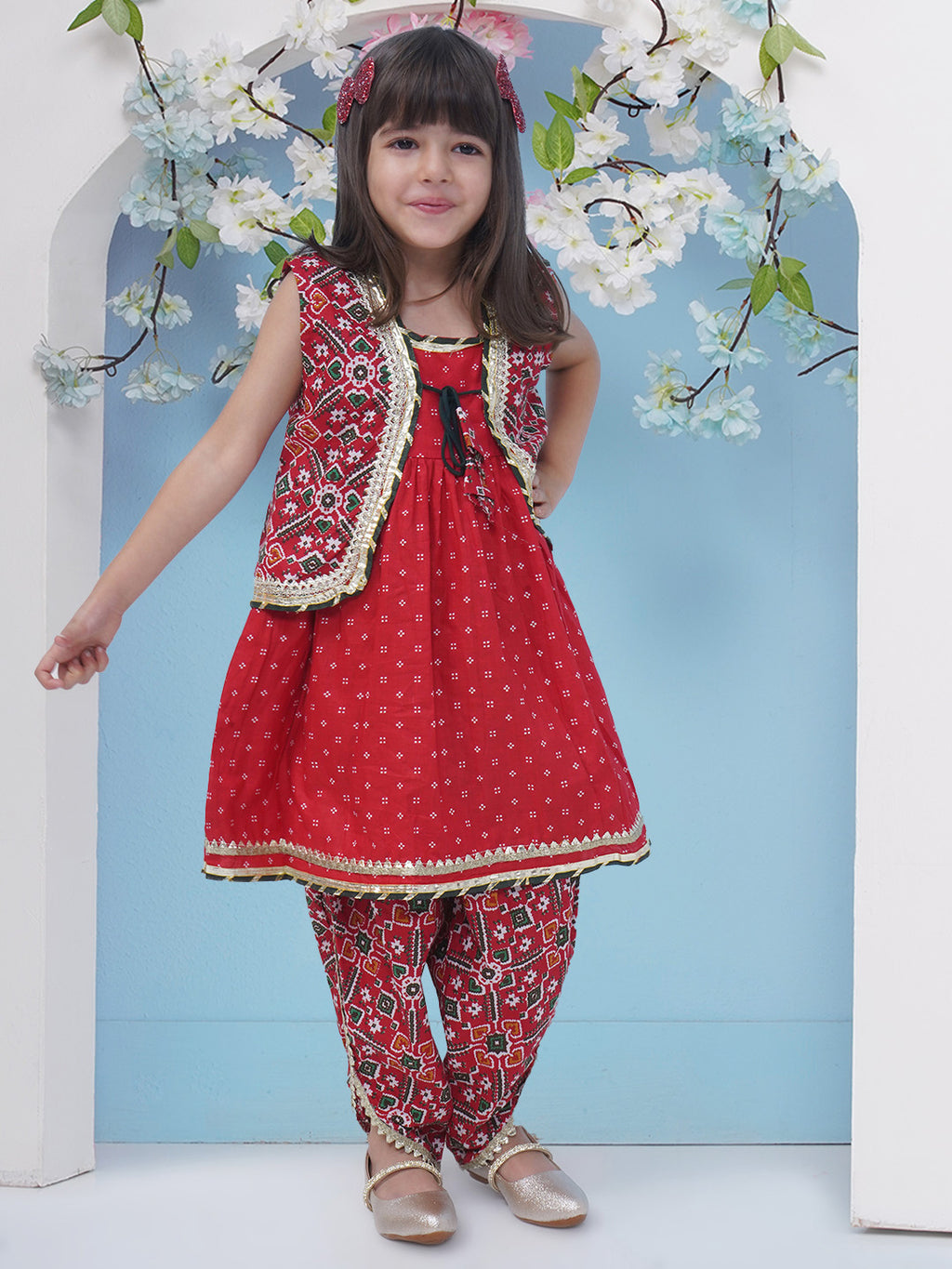 Girls Patola Print Gotta Patti Cotton Kurti with Dhoti Pant - Red