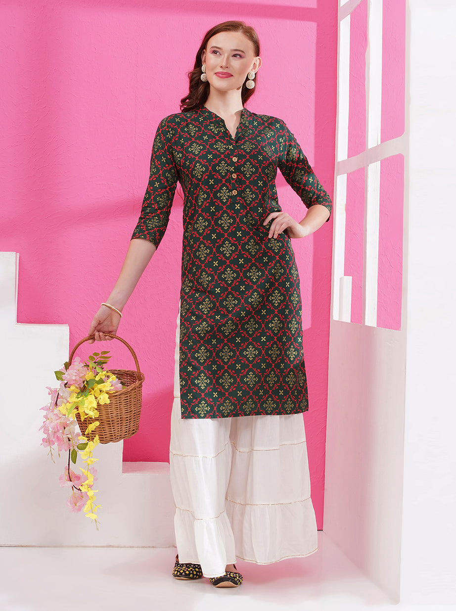 Printed A-line Kurti - Brown