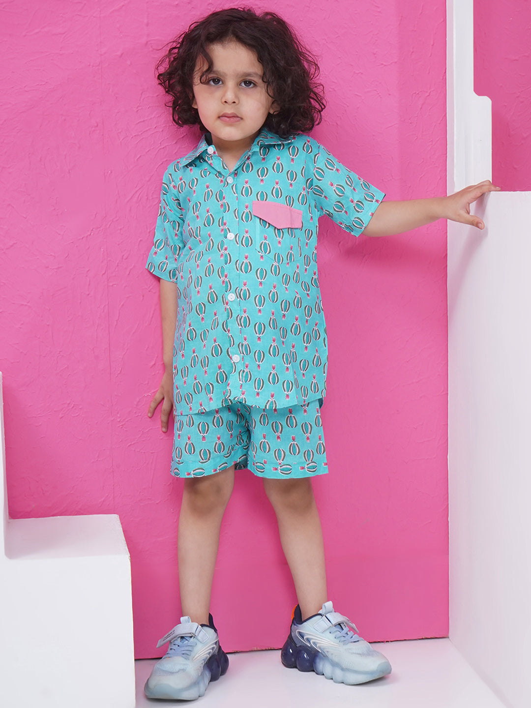 Boys Printed Short Set - Aqua Blue