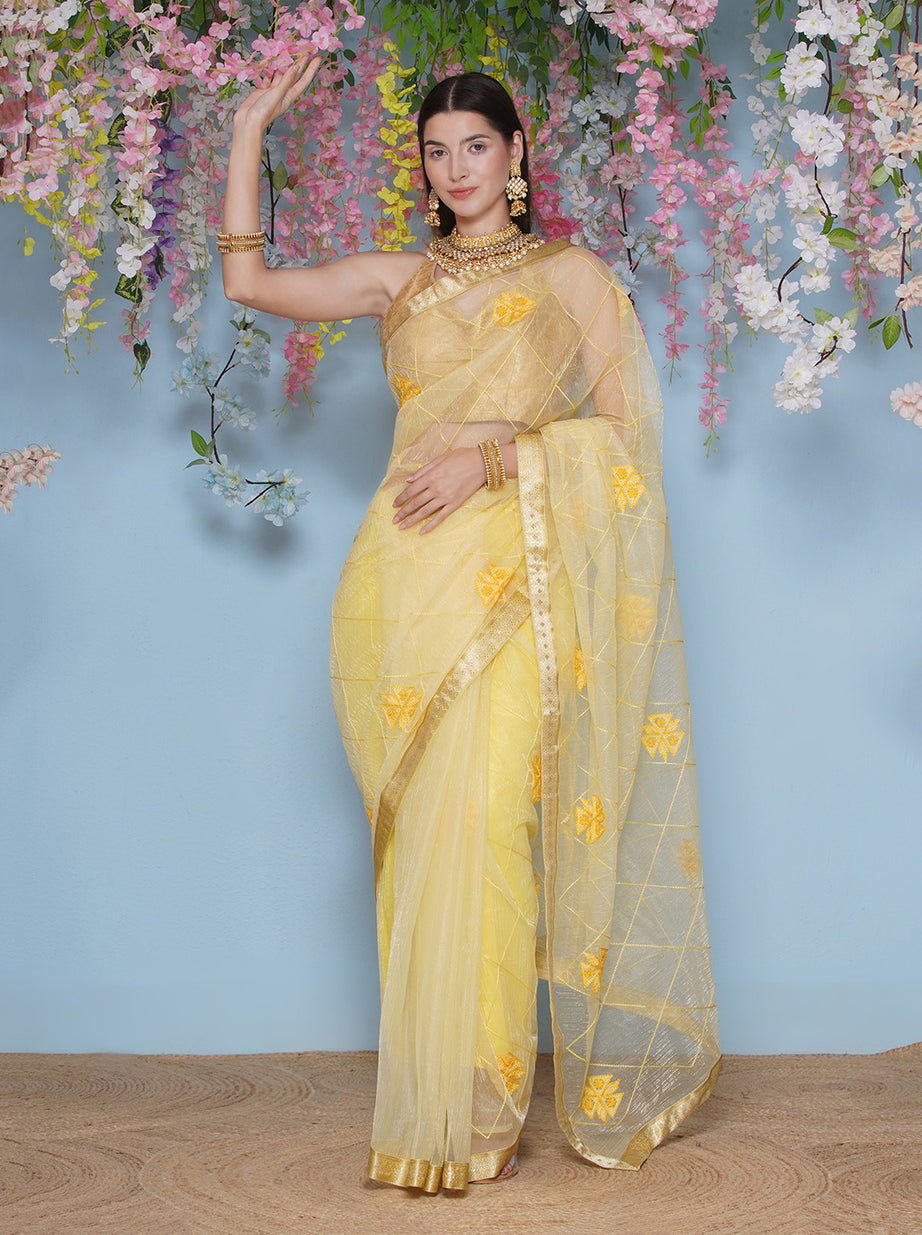 Net Embroidery Saree - Yellow