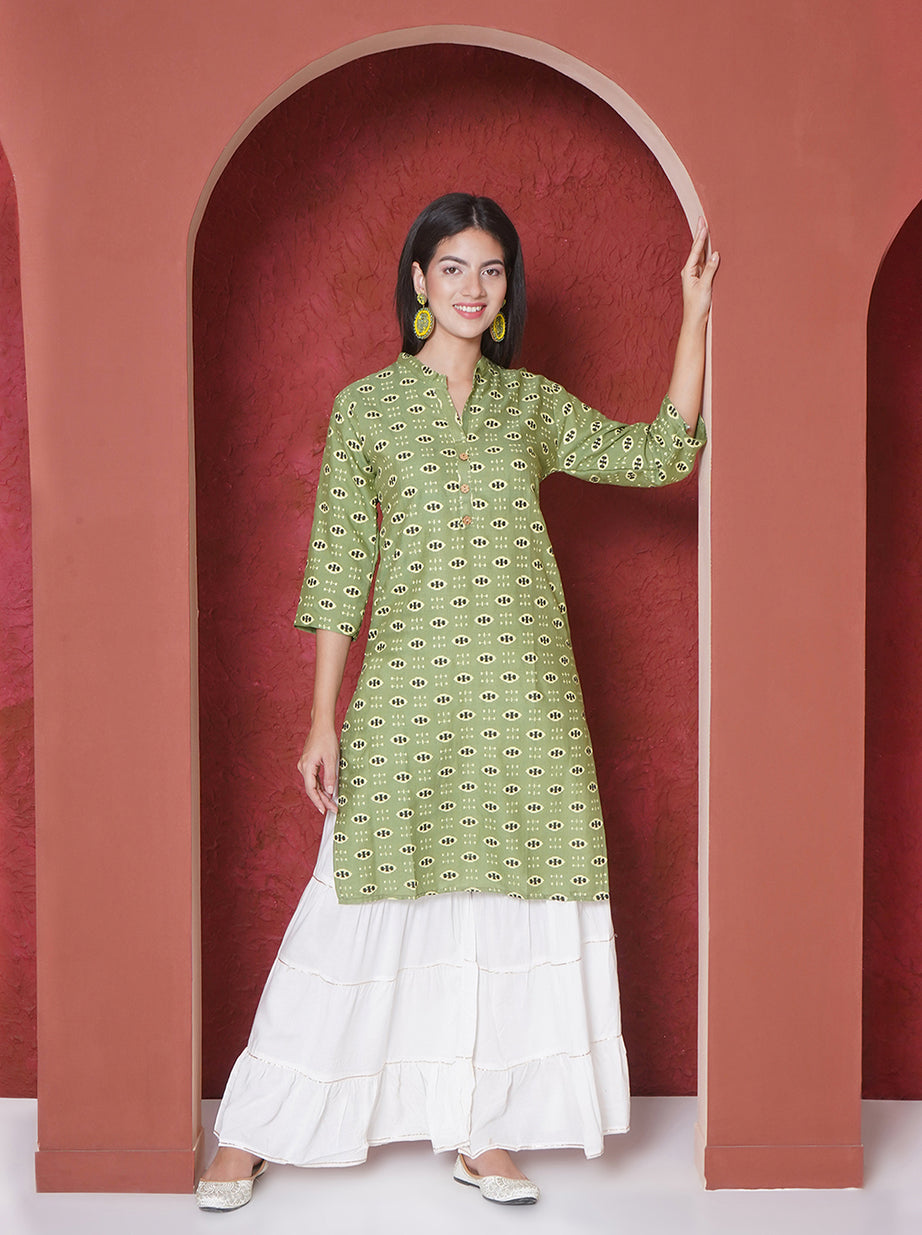 Printed A-line Kurta - Olive Green