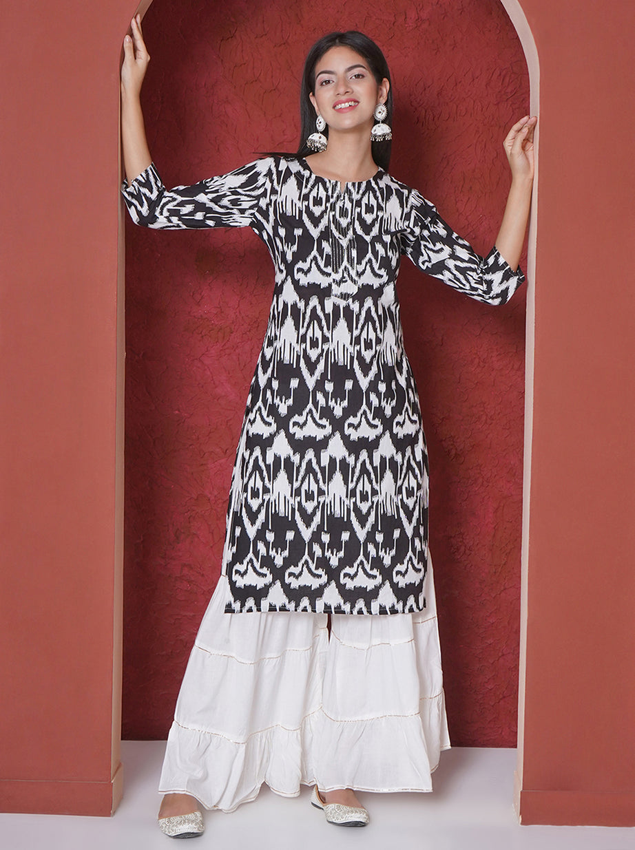 Printed A-line Kurta - Black & White