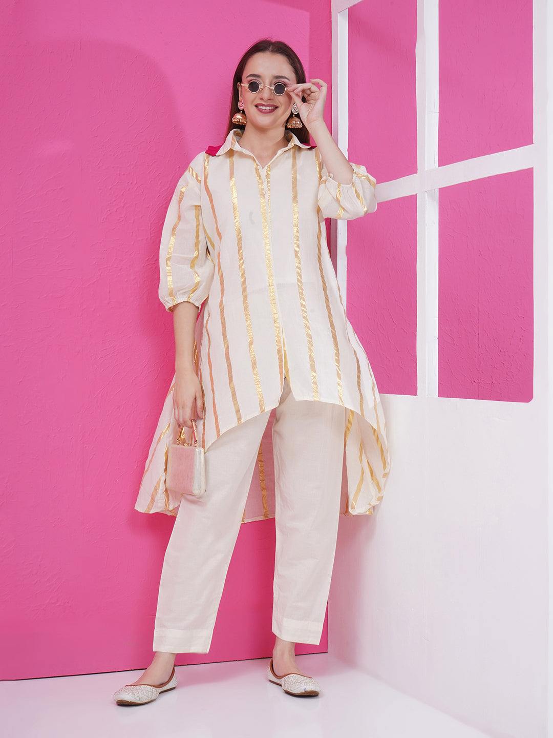 Asymmetrical Golden Stripes Kurti & Pant Set - Cream