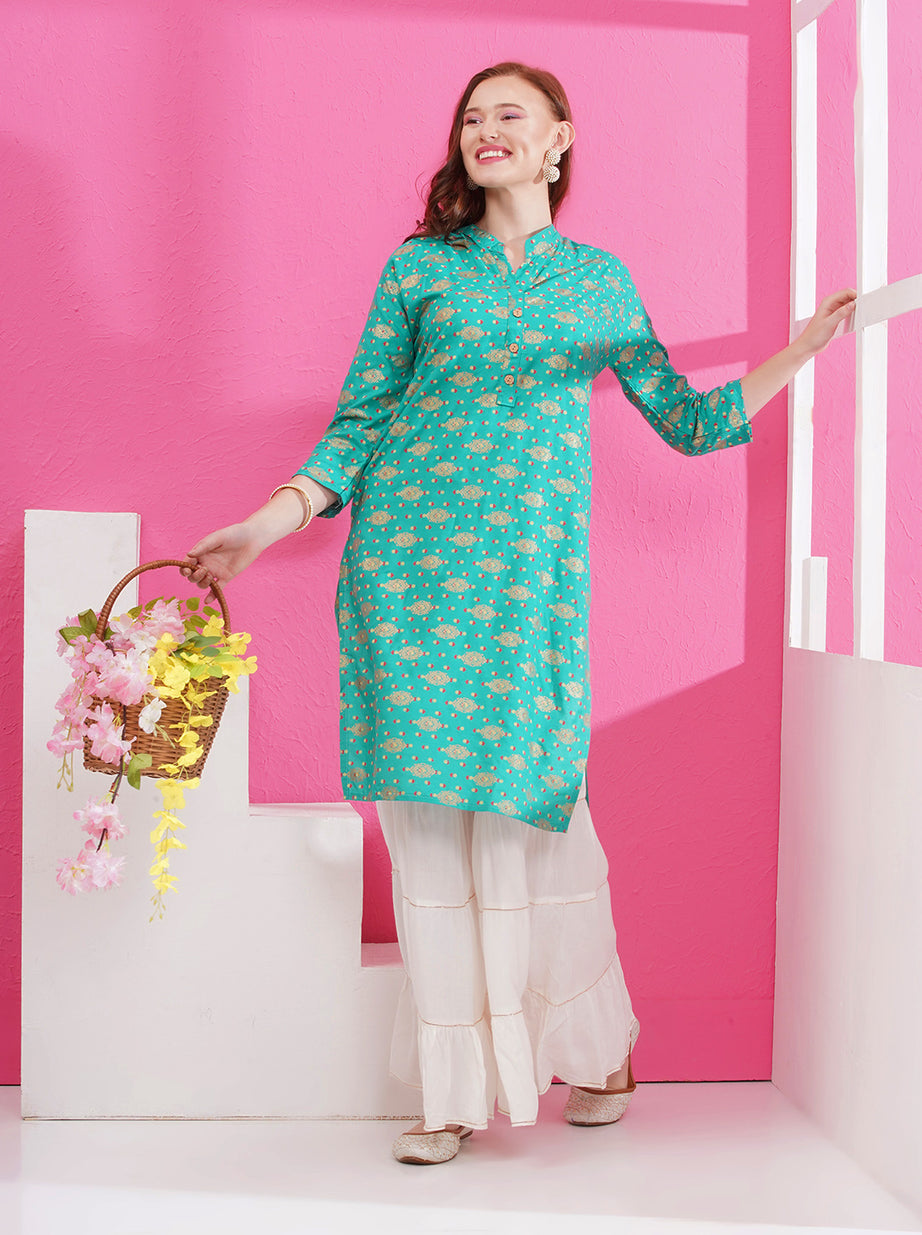 Printed A-line Kurti - Turquoise