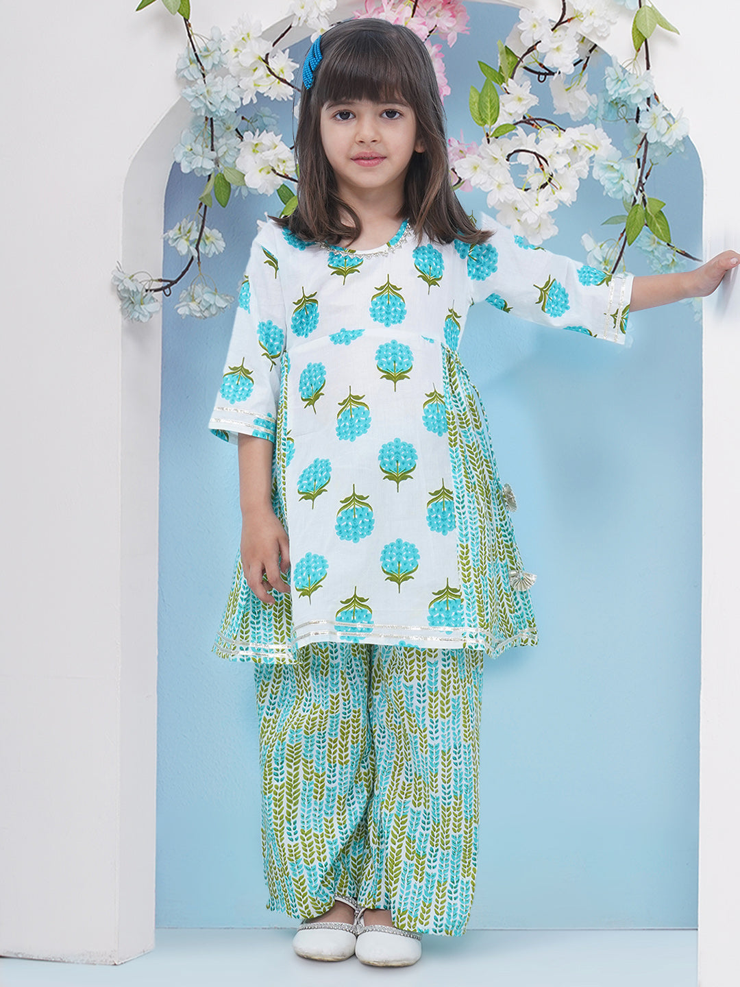 Girls Floral Printed Cotton A-line Kurti With Palazzo - Cyan
