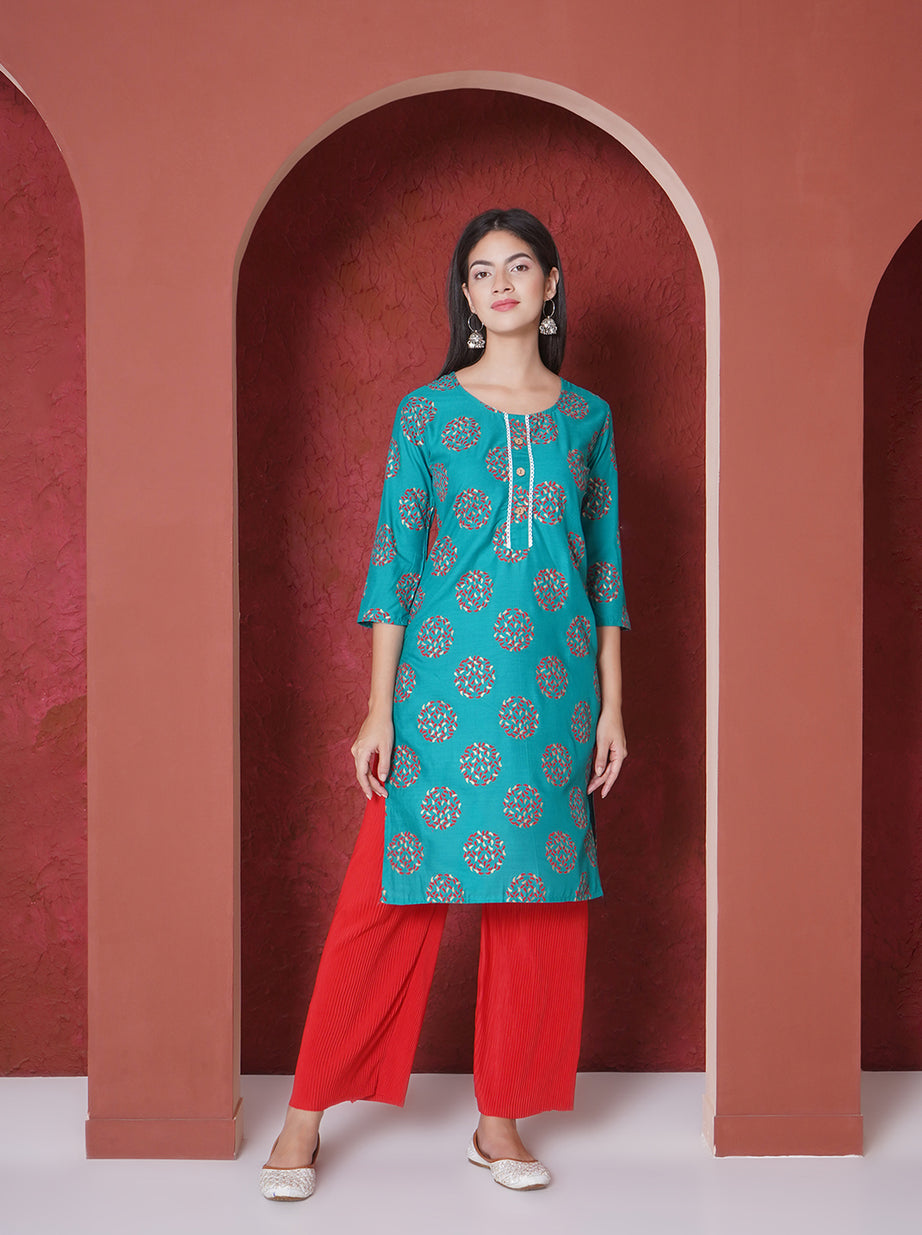 Printed A-line Kurta - Teal
