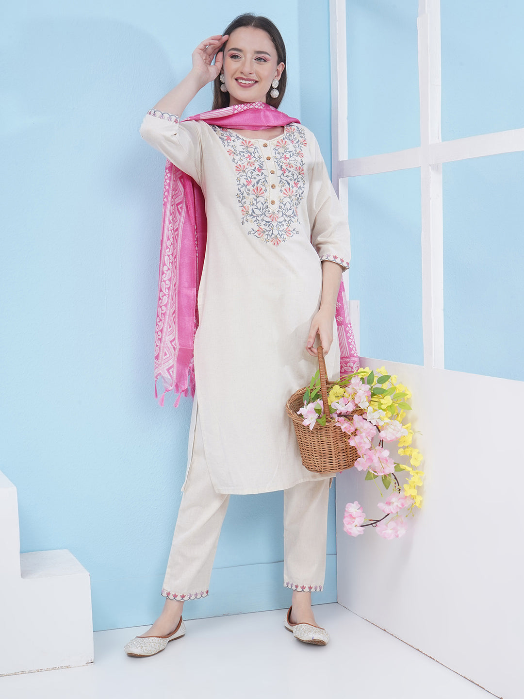 Embroidery Khadi Suit Set - Cream & Pink