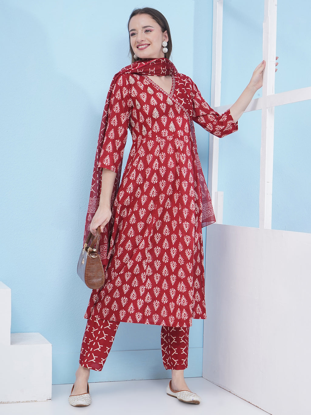 Angrakha Pattern Suit Set - Maroon