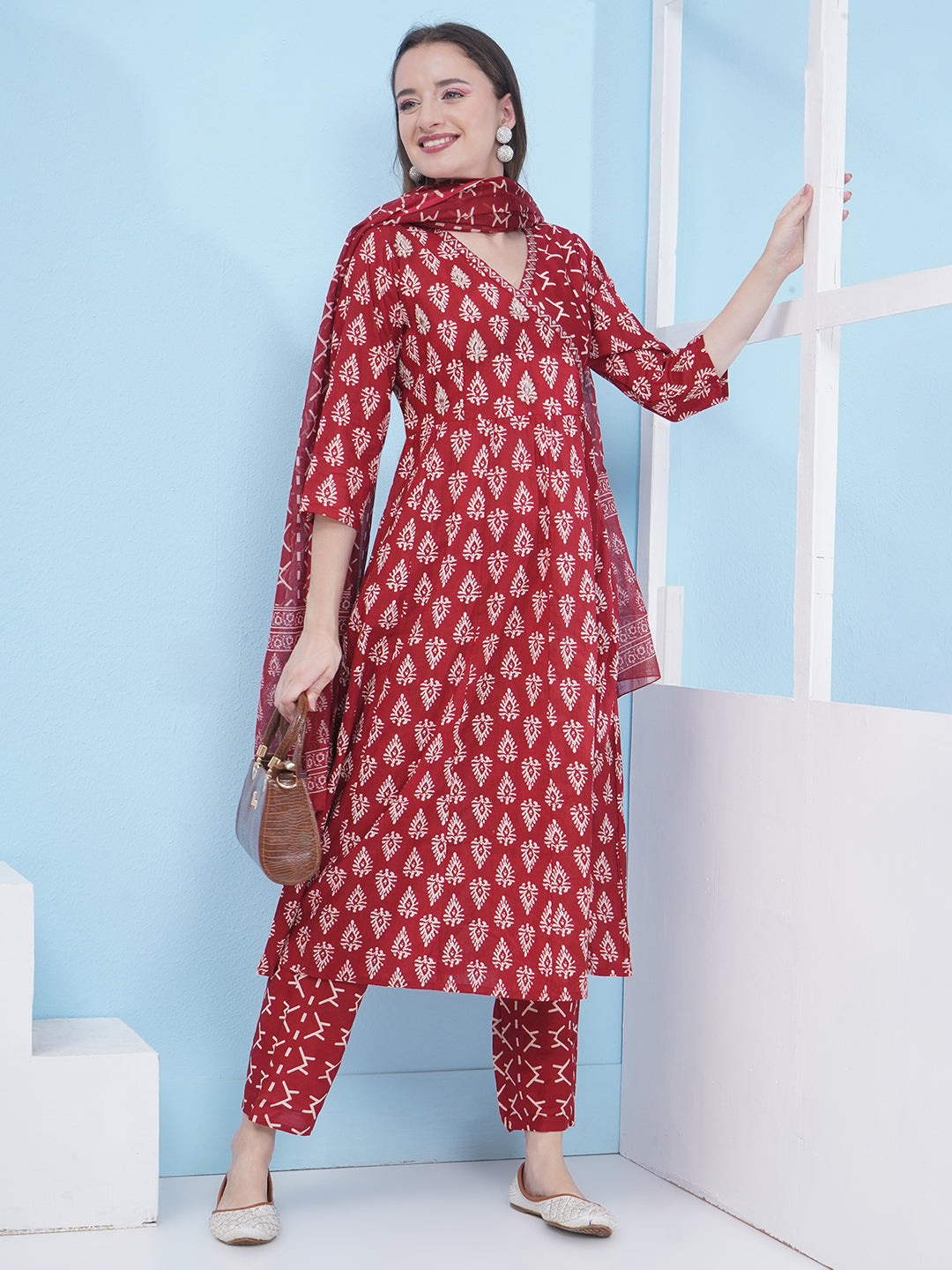 Angrakha Pattern Suit Set - Maroon