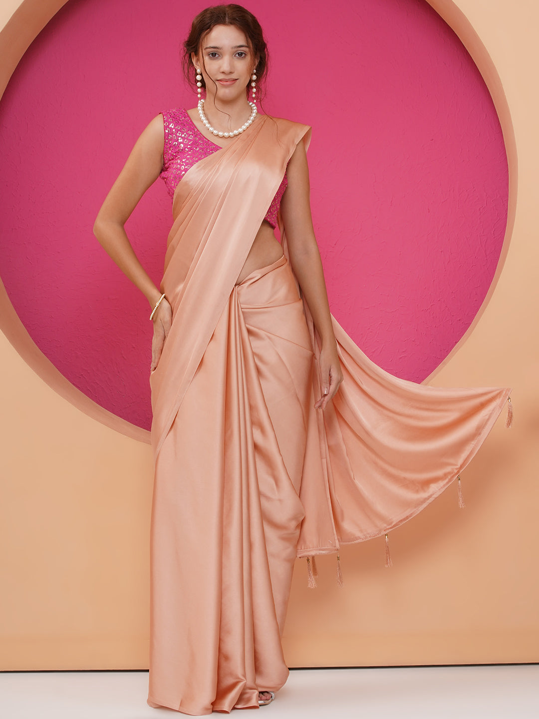 Satin Saree - Peach
