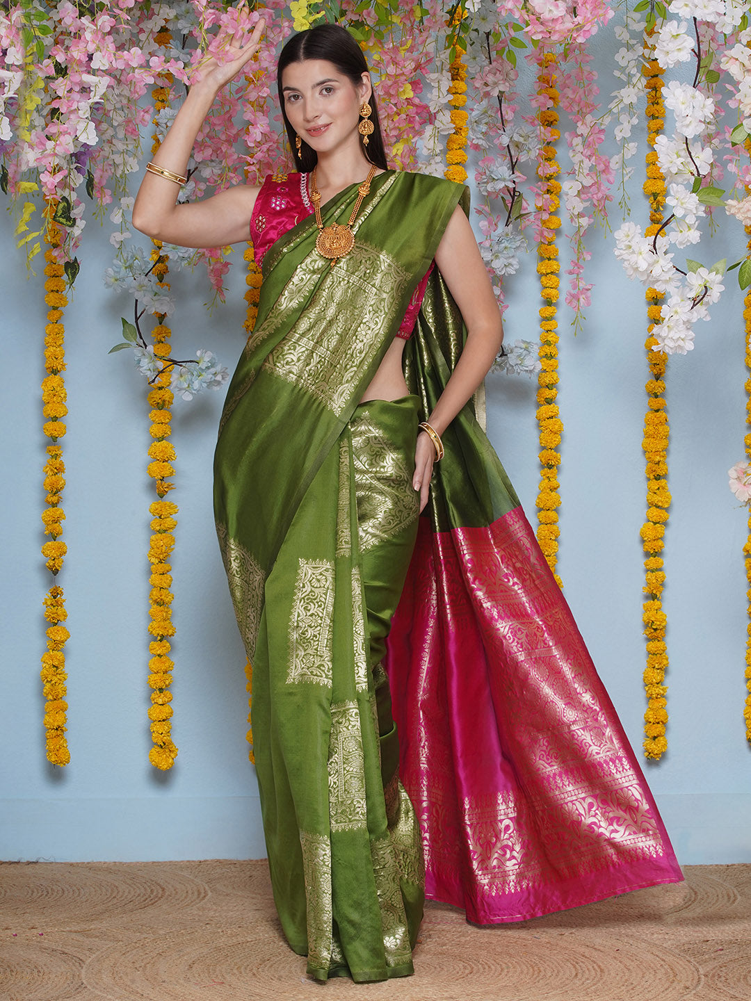 Silk Jacquard Zari Kanjeevaram Saree - Bottle Green & Magenta Pink
