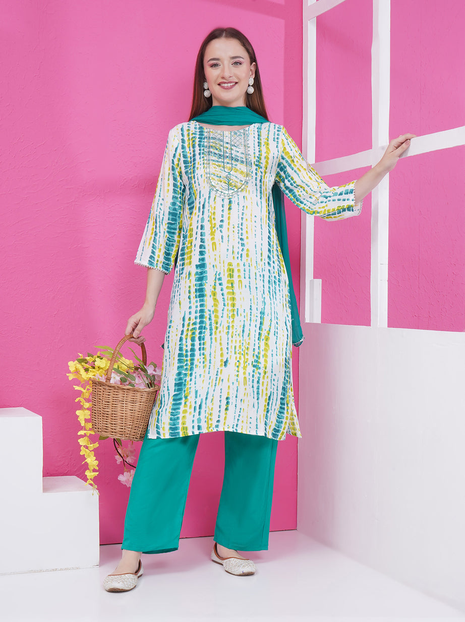 Printed Suit Set - White & Turquoise