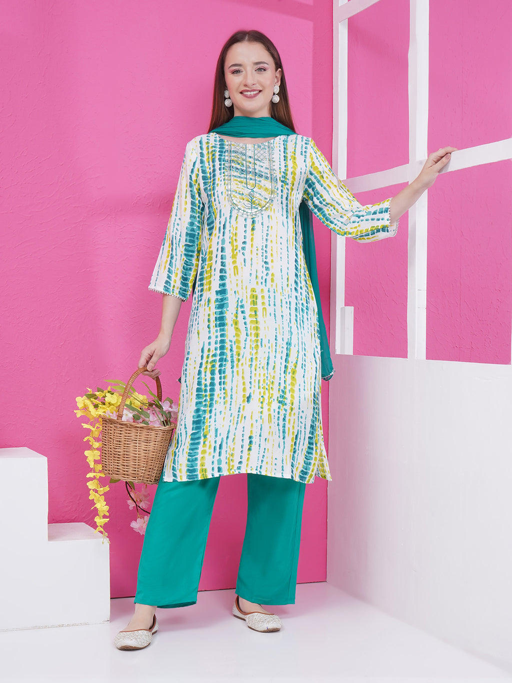 Printed Suit Set - White & Turquoise