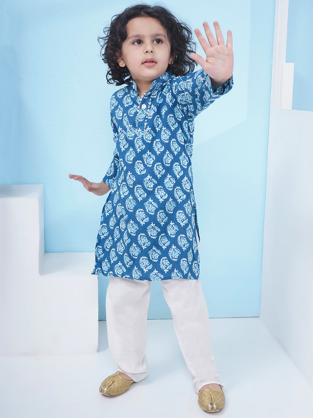 Boys Block Printed Cotton Kurta with Pajama - Blue