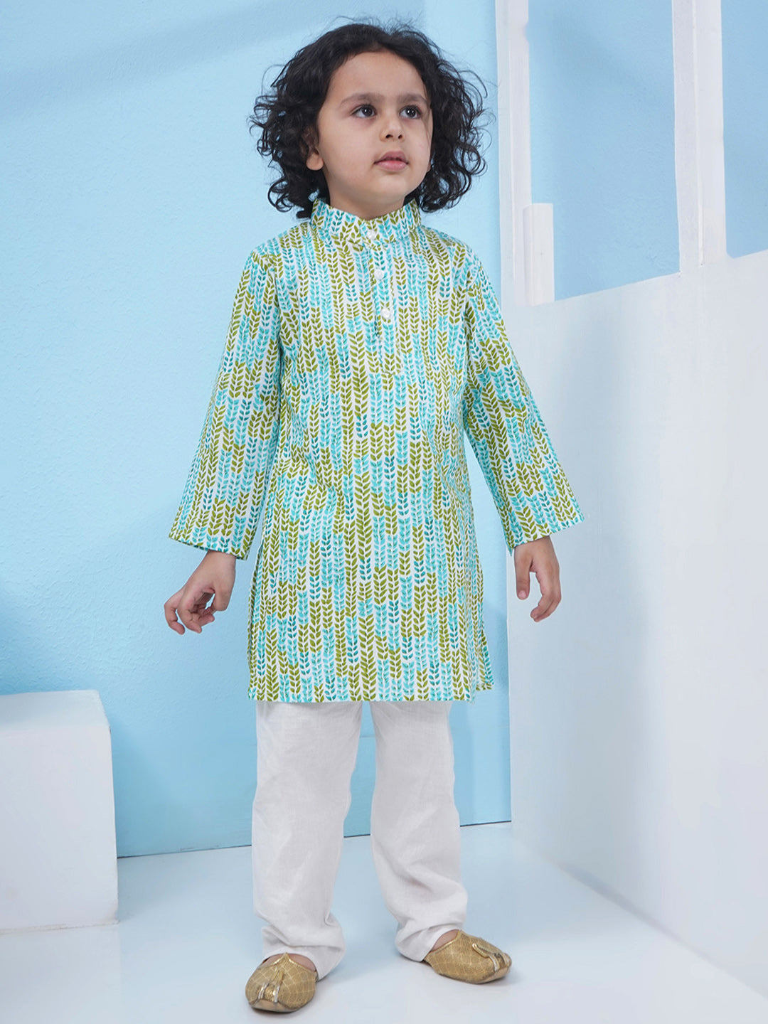 Boys Floral Printed Cotton Kurta with Pajama - Green & Aqua Blue