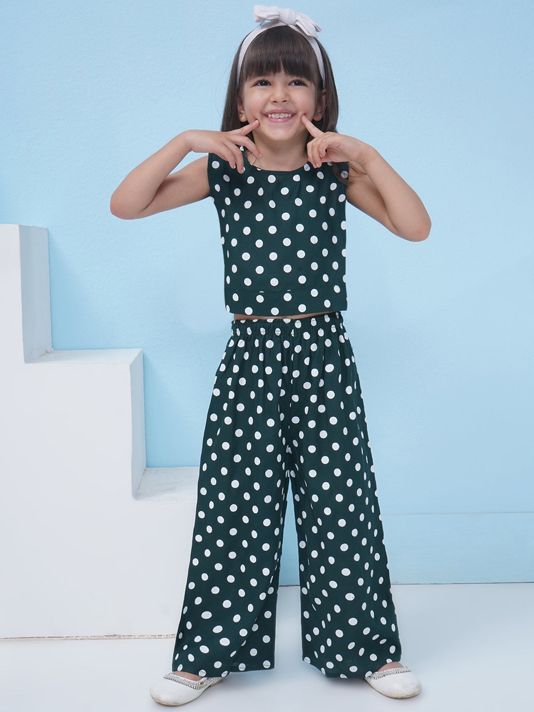 Girls Cotton Blend Polka Dot Co-Ord Set - Dark Green