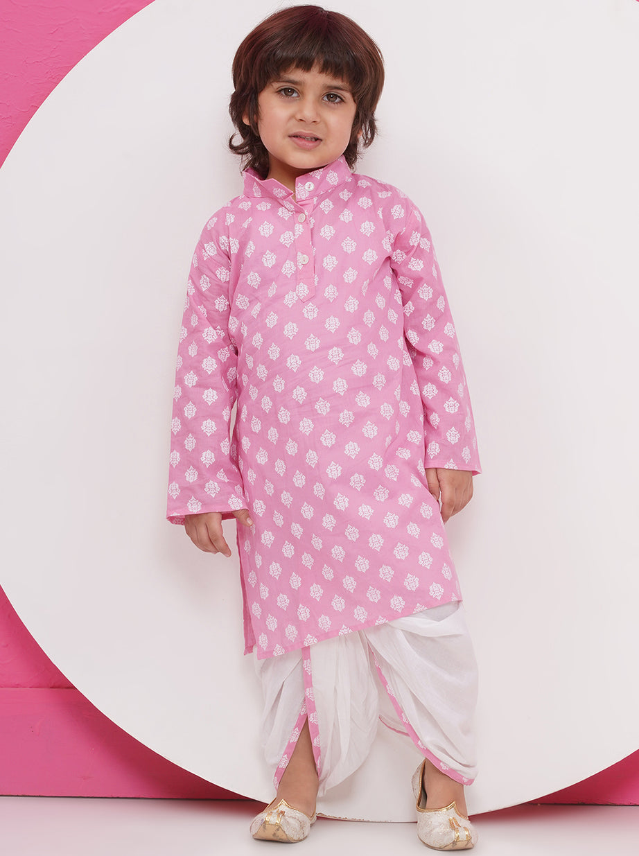 Boys Boti Printed Cotton Kurta with Dhoti - Pink