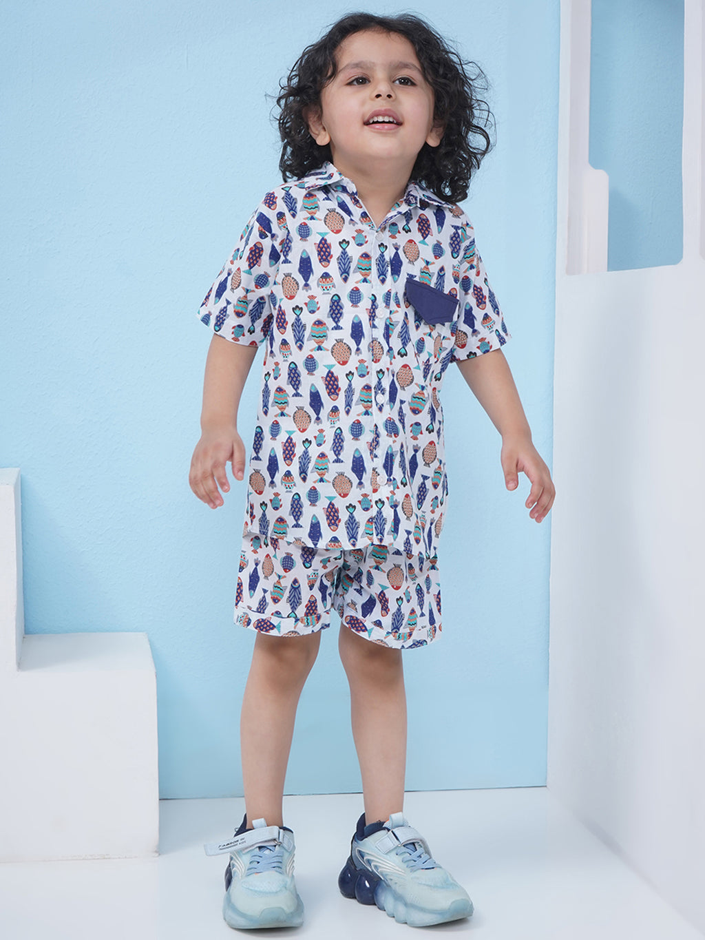Boys Motifs Printed Cotton Co-ord Set - White & Blue