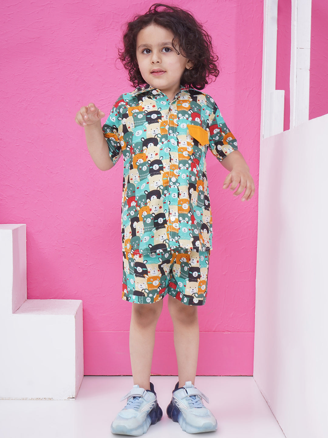 Boys Printed Short Set - Cyan & Orange