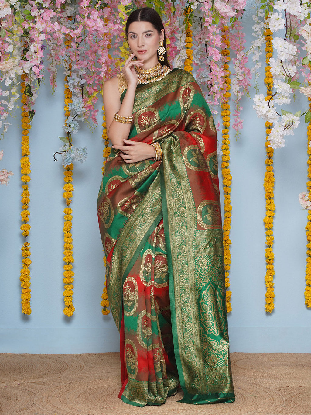 Banarasi Silk Jacquard Zari Kanjeevaram Saree - Peacock Green