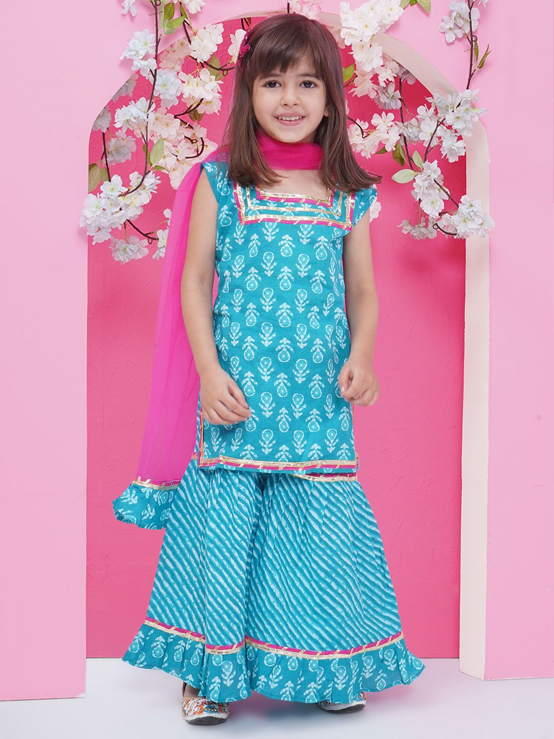 Girls Ethnic Printed Pure Cotton Kurti With Sharara & With Dupatta - Blue