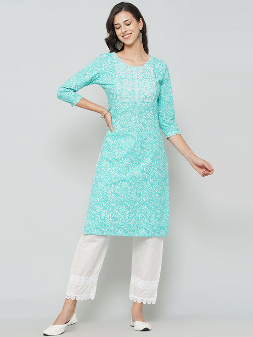 A-Line Kurti Pant Set - Cyan