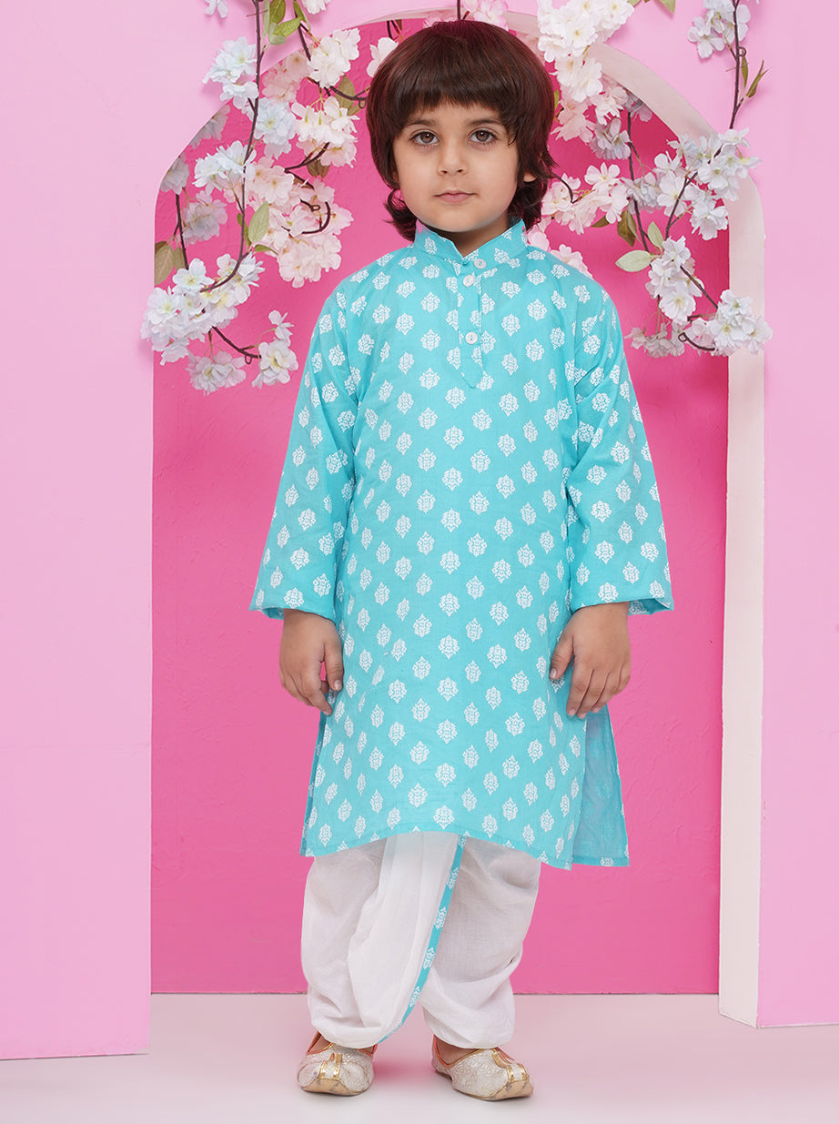 Boys Boti Printed Cotton Kurta with Dhoti - Light Blue