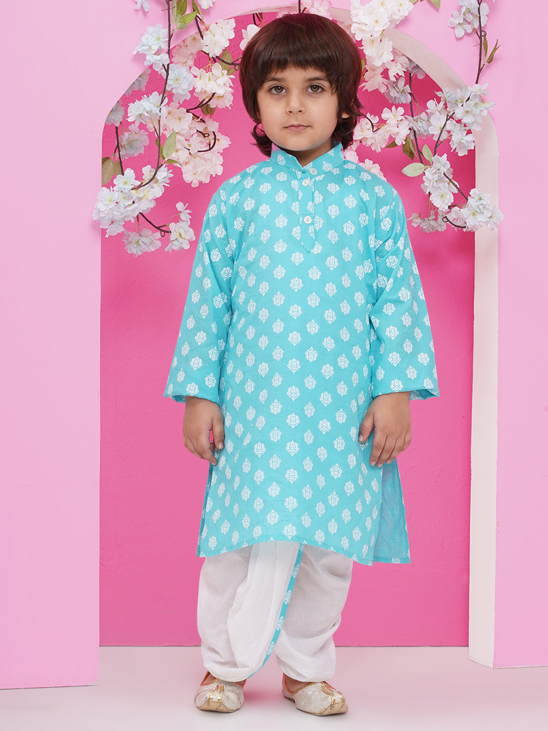 Boys Boti Printed Cotton Kurta with Dhoti - Light Blue