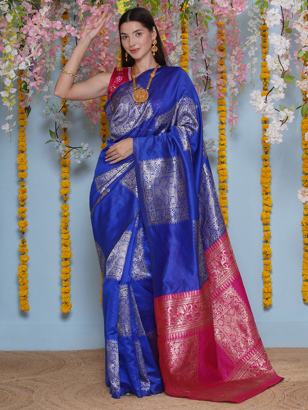 Silk Jacquard Zari Kanjeevaram Saree - Cobalt Blue & Magenta Pink