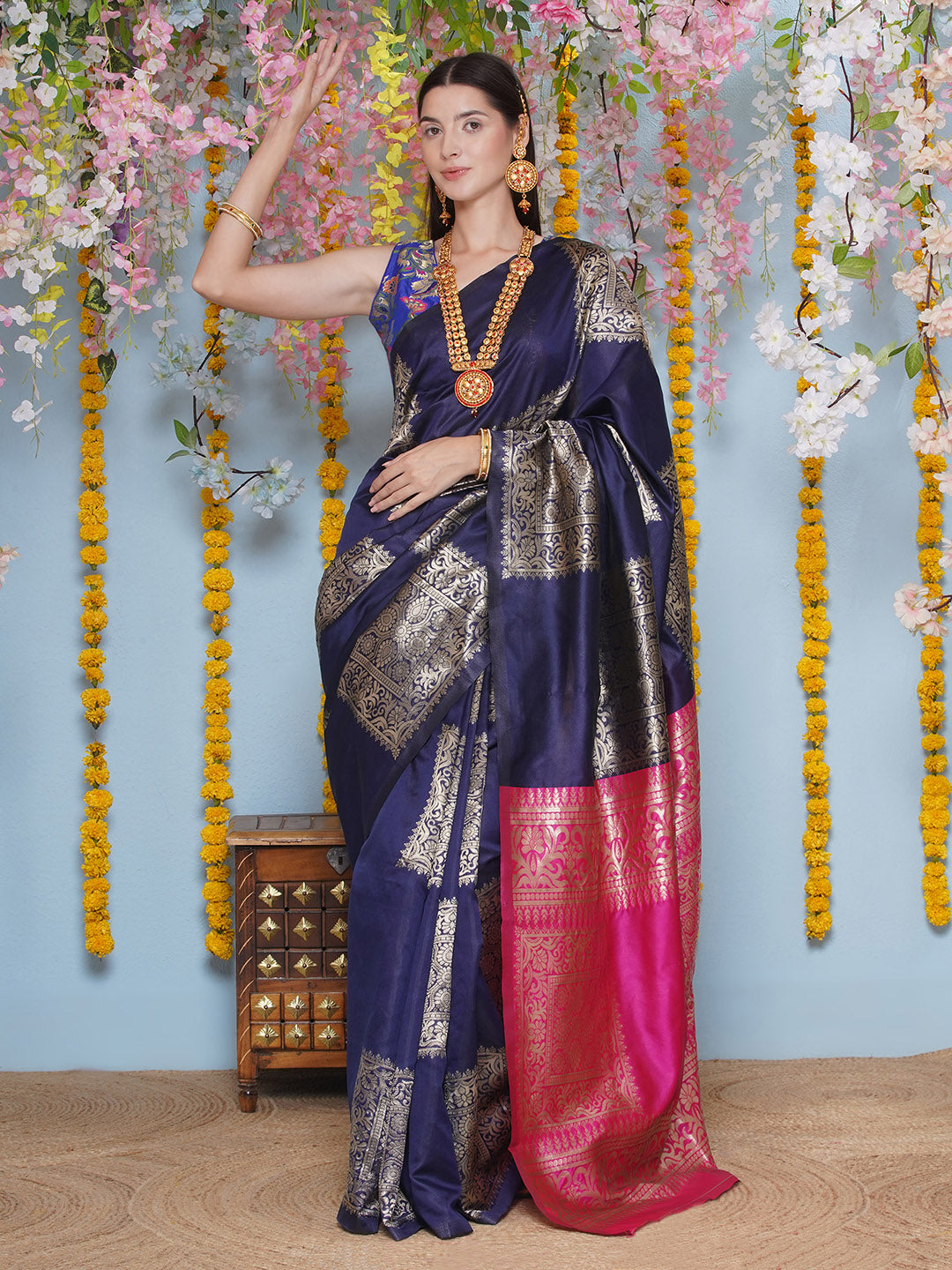 Silk Jacquard Zari Kanjeevaram Saree - Dark Blue & Magenta Pink