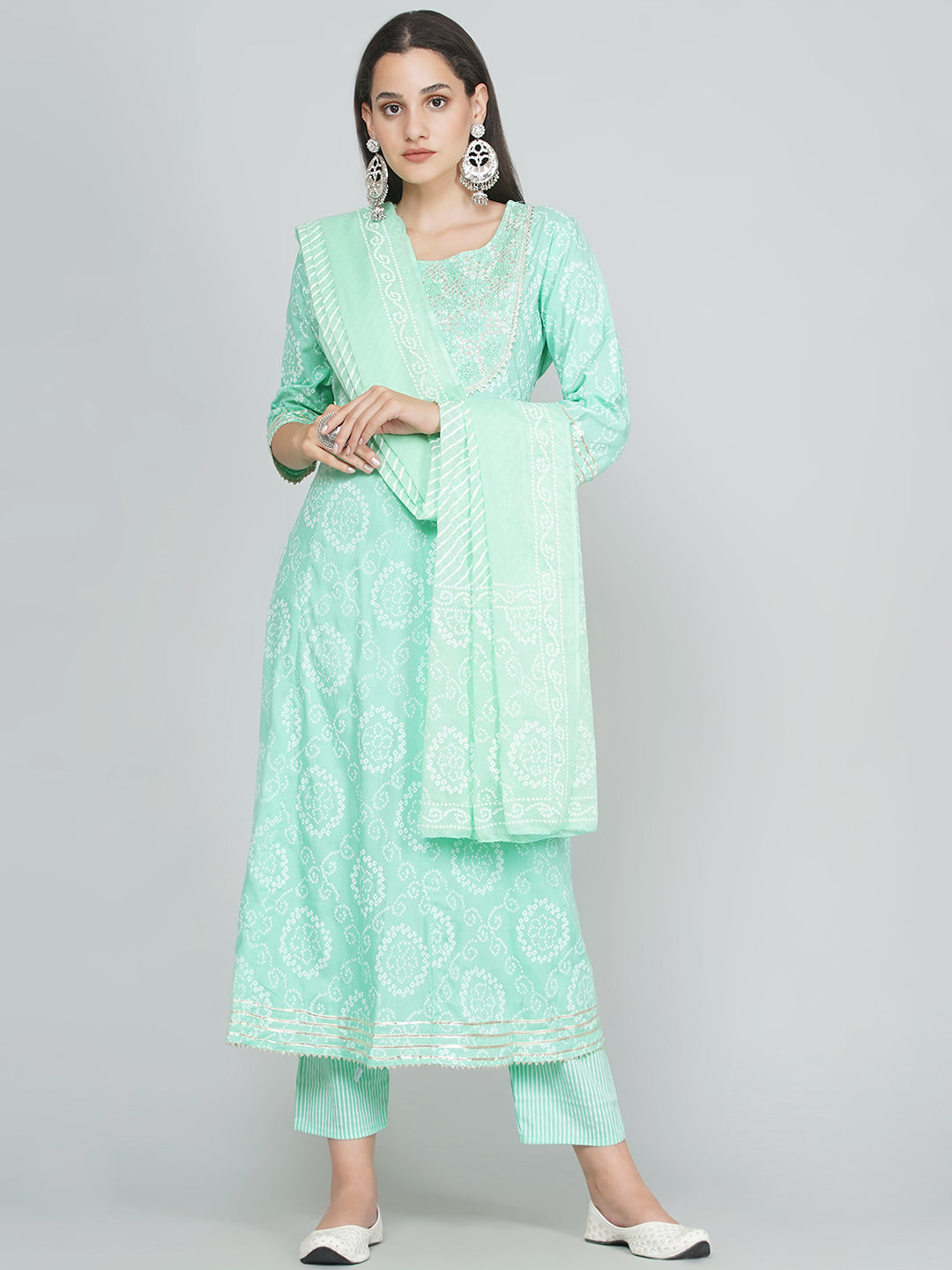 Gota Patti Bandhani Print Suit Set - Aqua Green