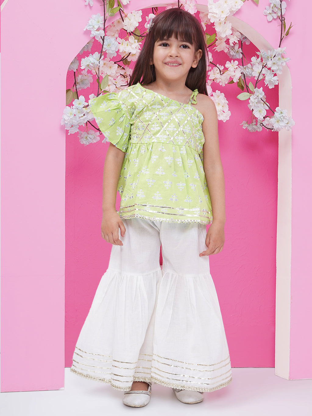 Girls Floral Printed Gota Patti Cotton off Shoulder Peplum Sharara - Light Green