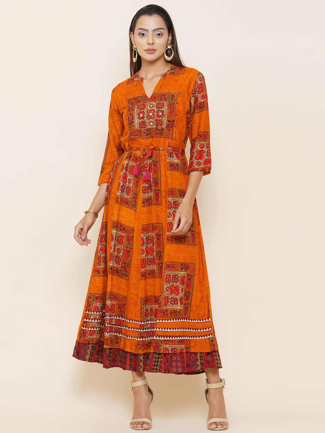 Motifs Printed Dress - Orange