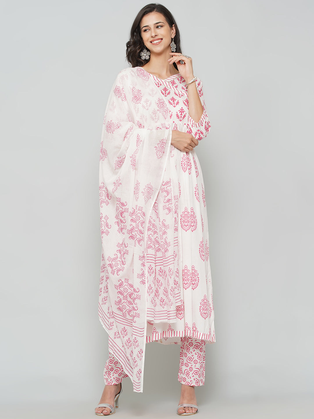 Angrakha Design Printed Suit Set - White & Red