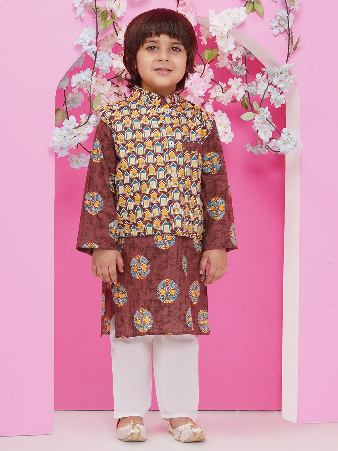 Boys Ajrakh Bundi Cotton Kurta Pajama with Jacket - Brown
