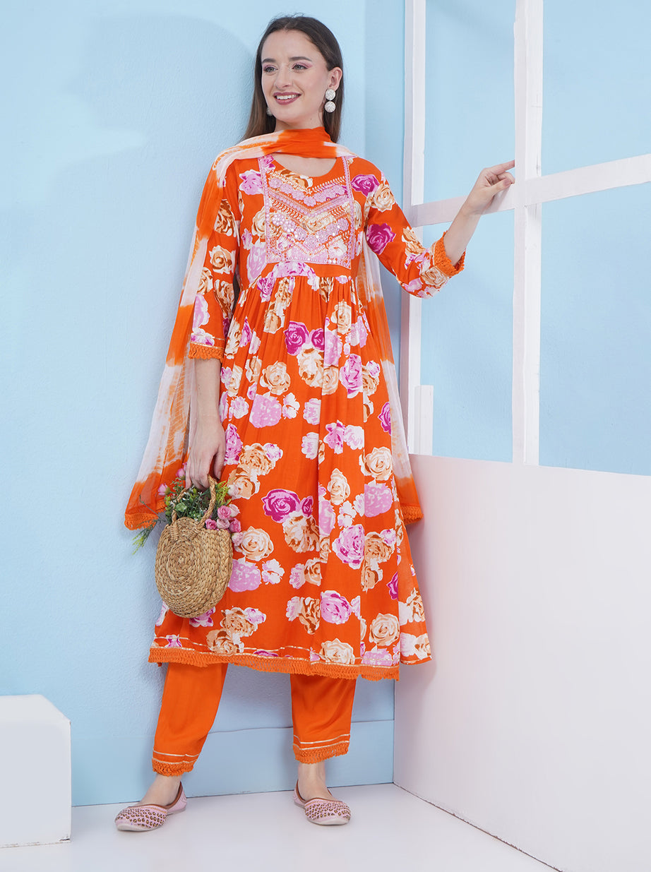 Nyra Cut Floral Print Suit Set - Orange