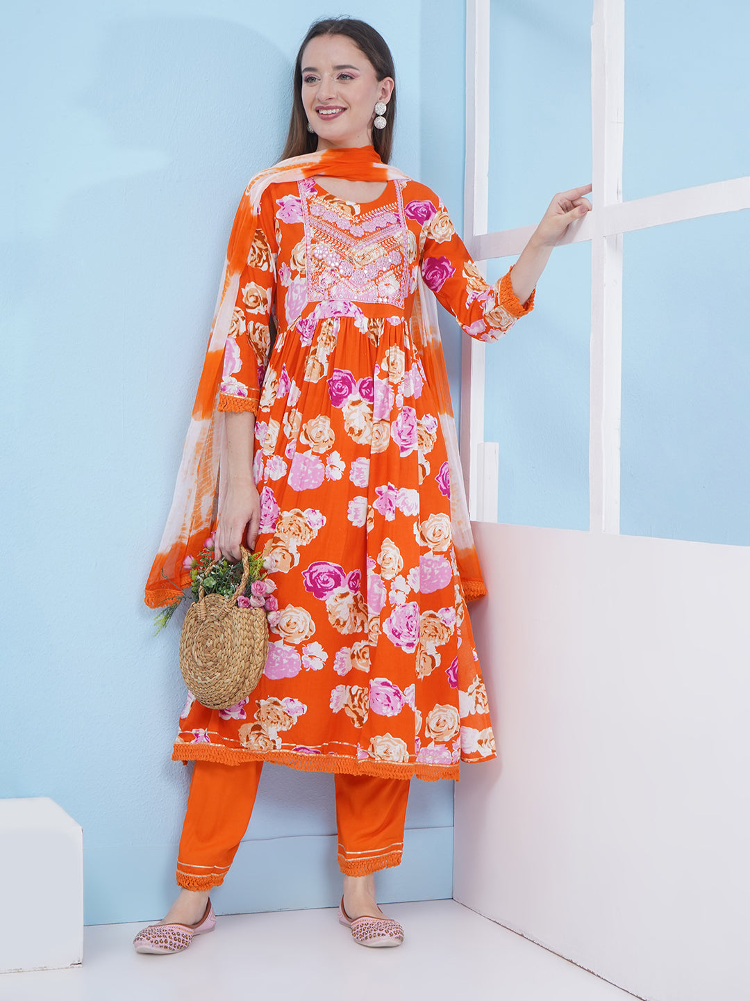 Nyra Cut Floral Print Suit Set - Orange