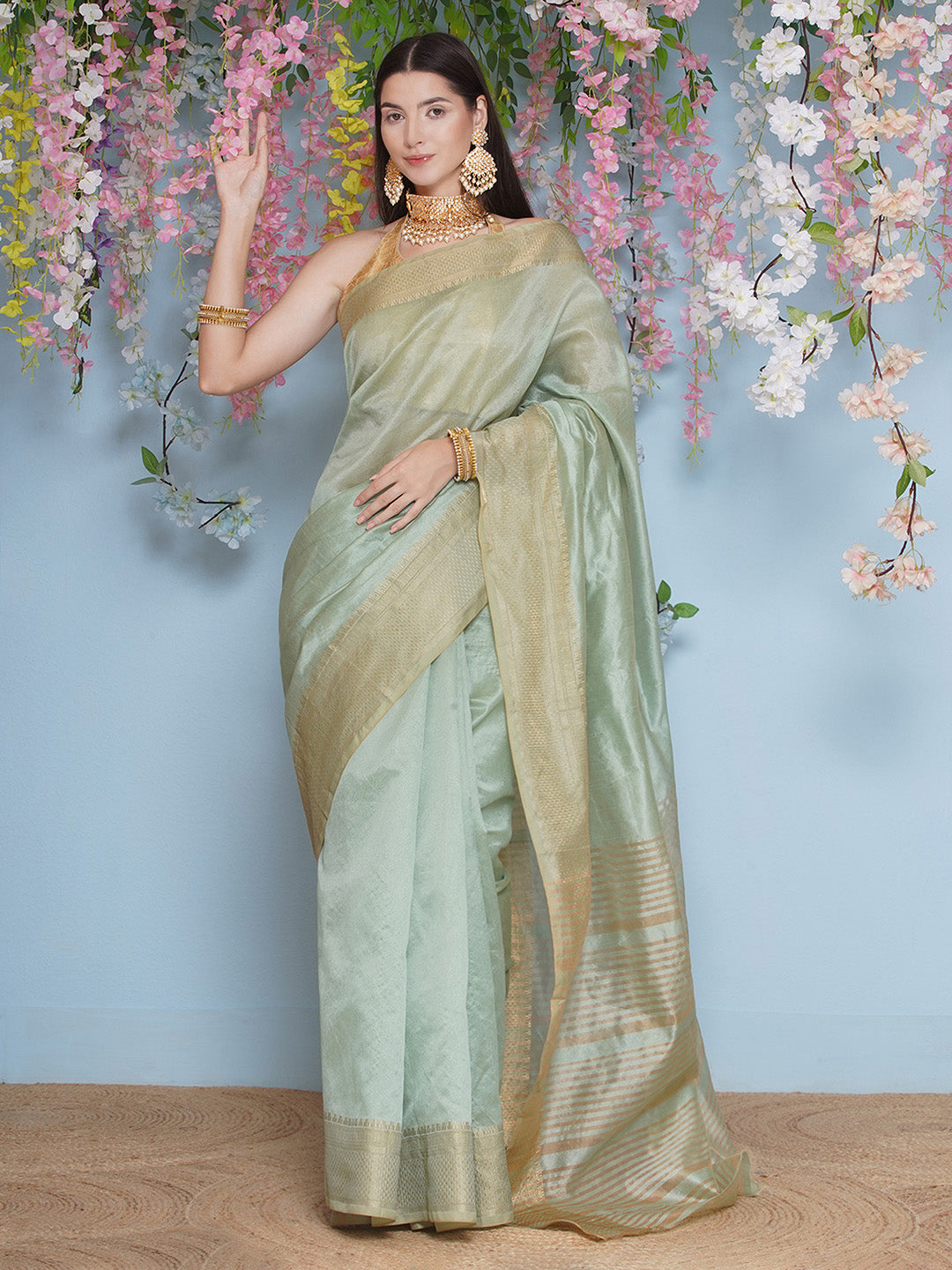 Tussar Silk Saree with Golden Zari Work - Mint Green