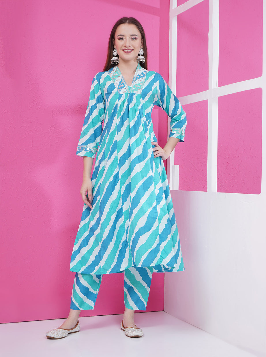 Lehriya Kurti & Pant Set - Cyan & Blue