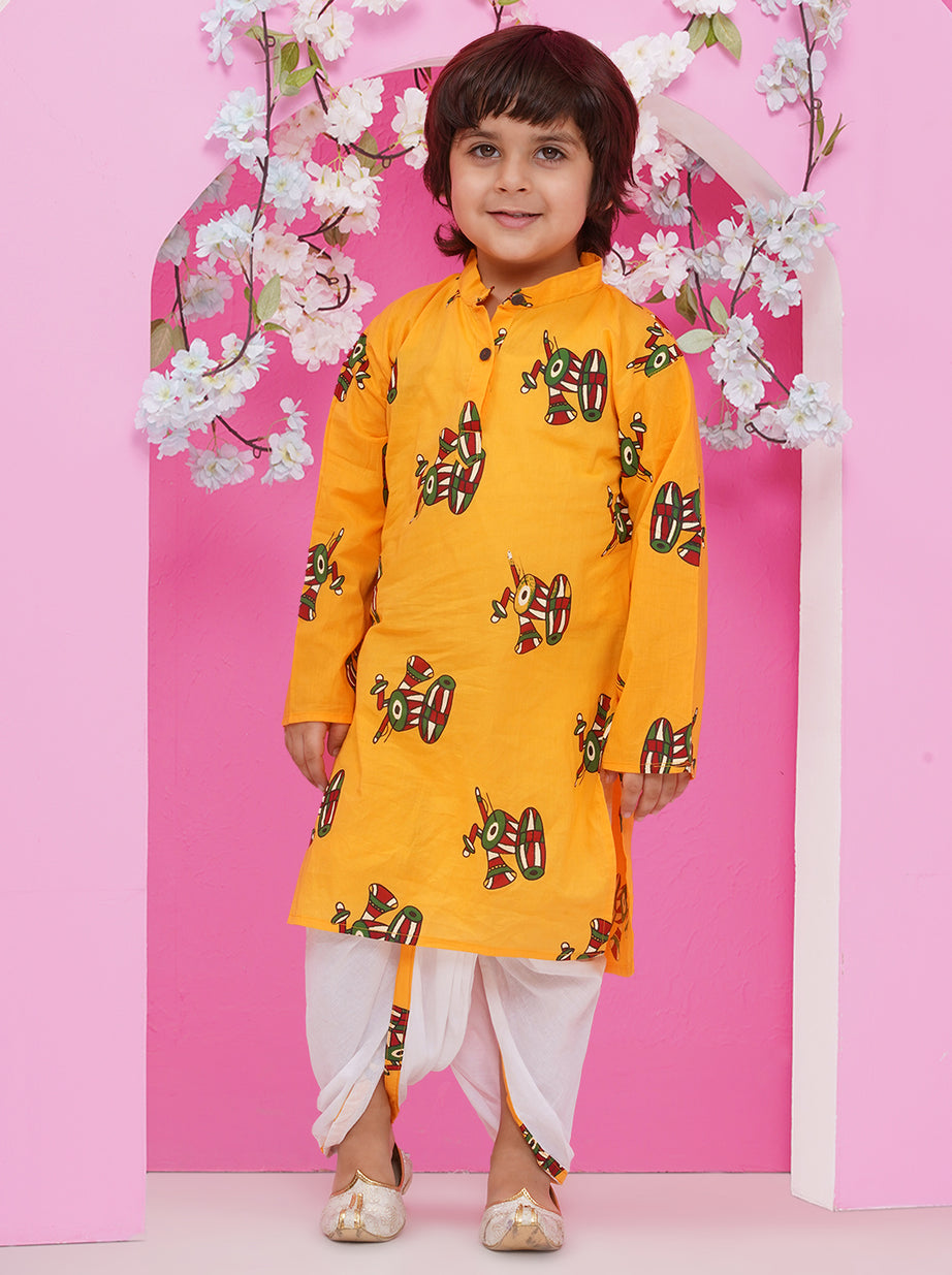 Boys Motifs Print Cotton Kurta with Dhoti - Yellow