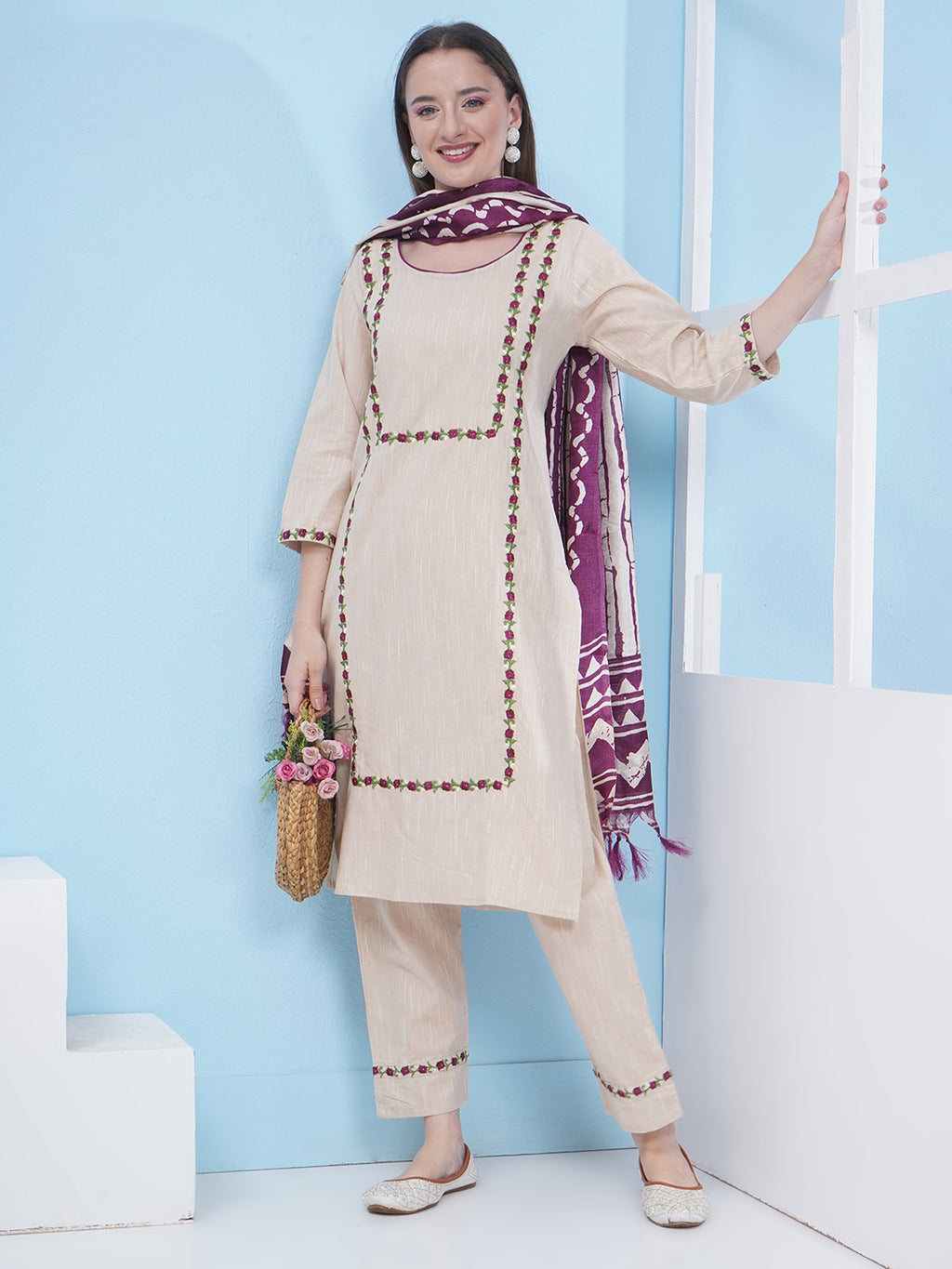 Embroidery Khadi Suit Set - Cream & Purple