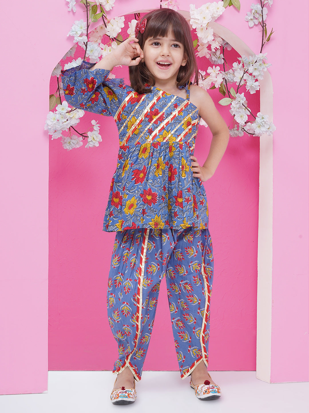 Girls Gotta Patti Printed off shoulder Kurti with Dhoti Pant - Purple