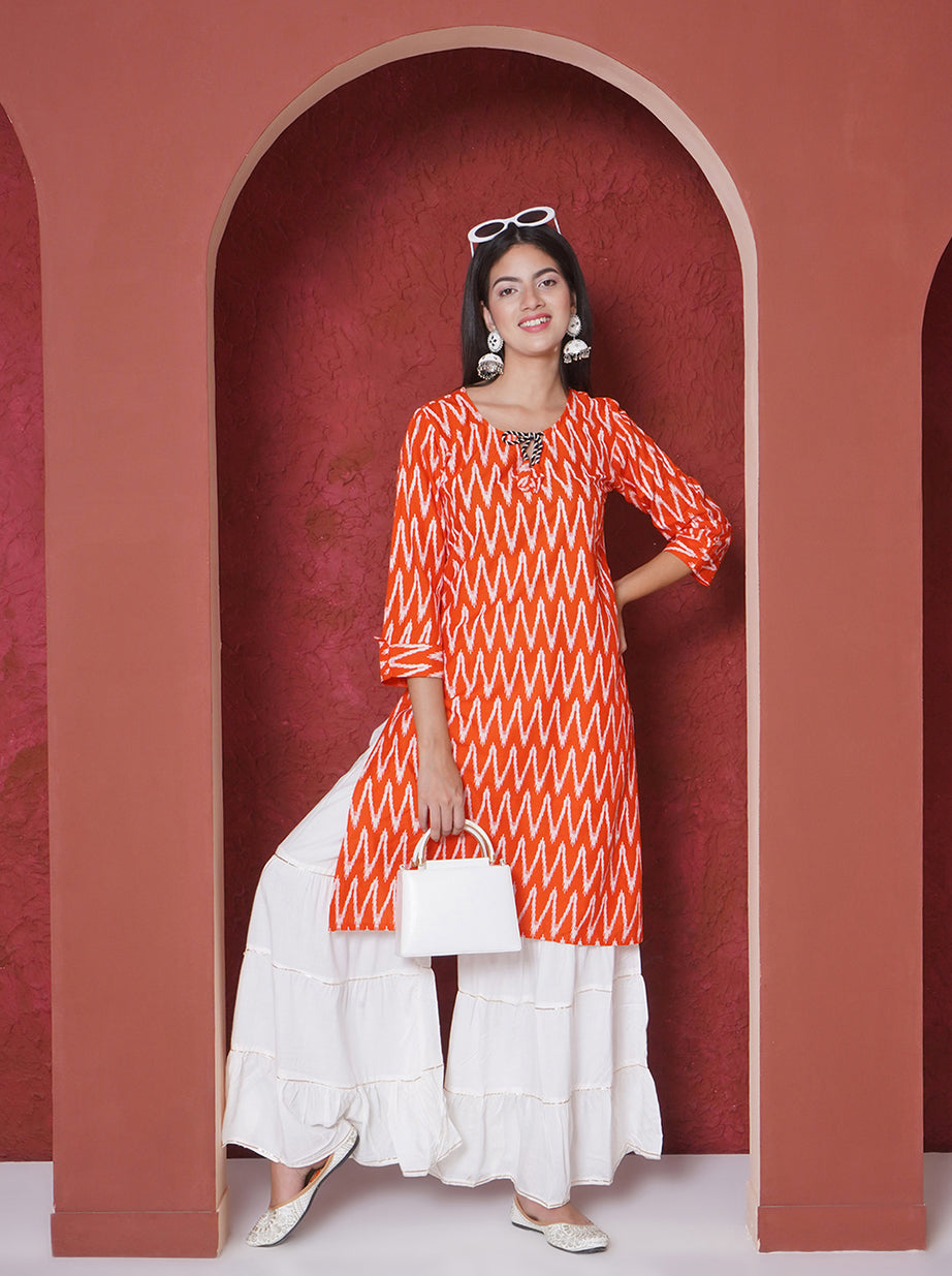 Printed A-line Kurta - Orange