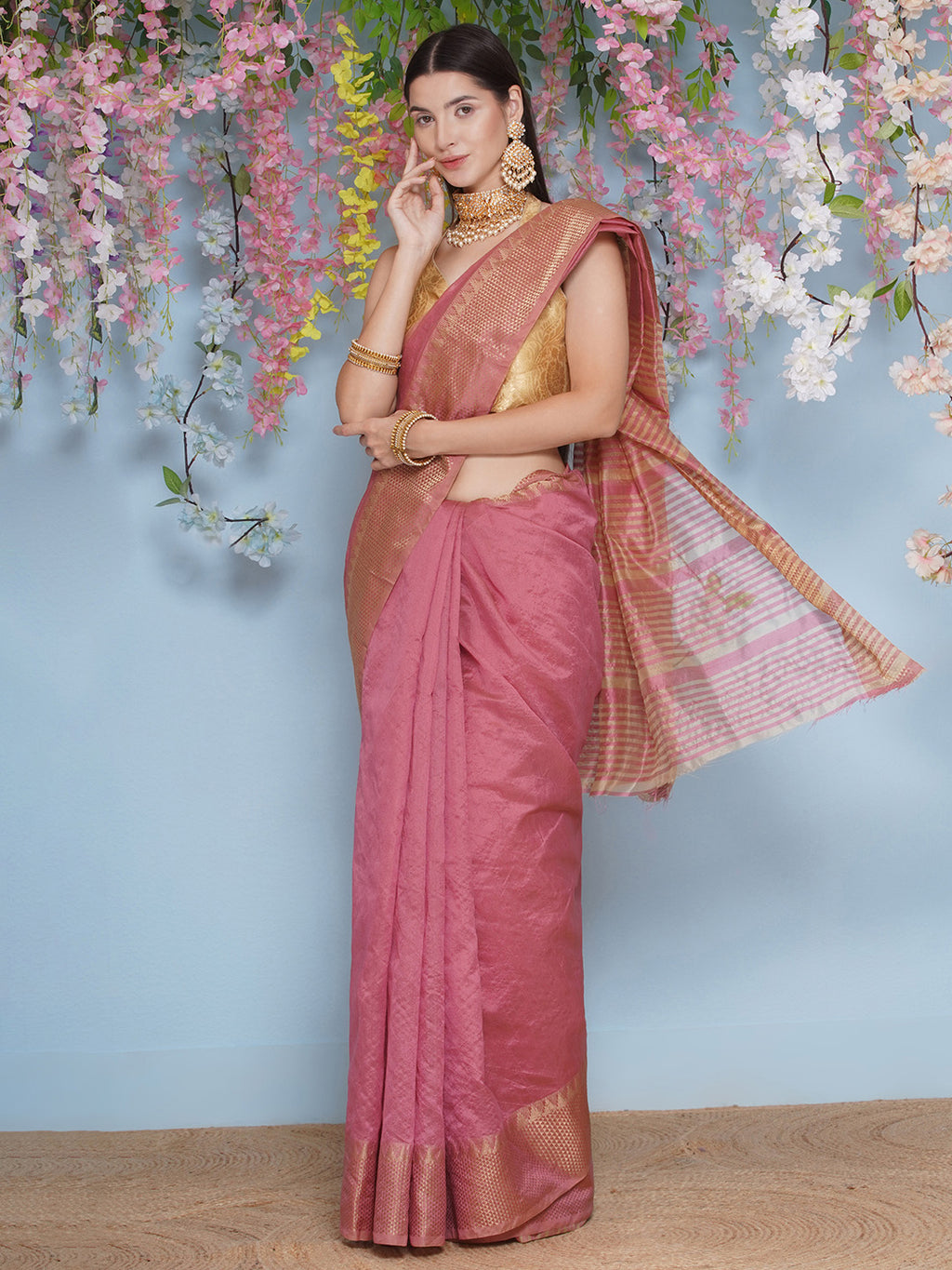 Tussar Silk Saree with Golden Zari Work - Coral Pink
