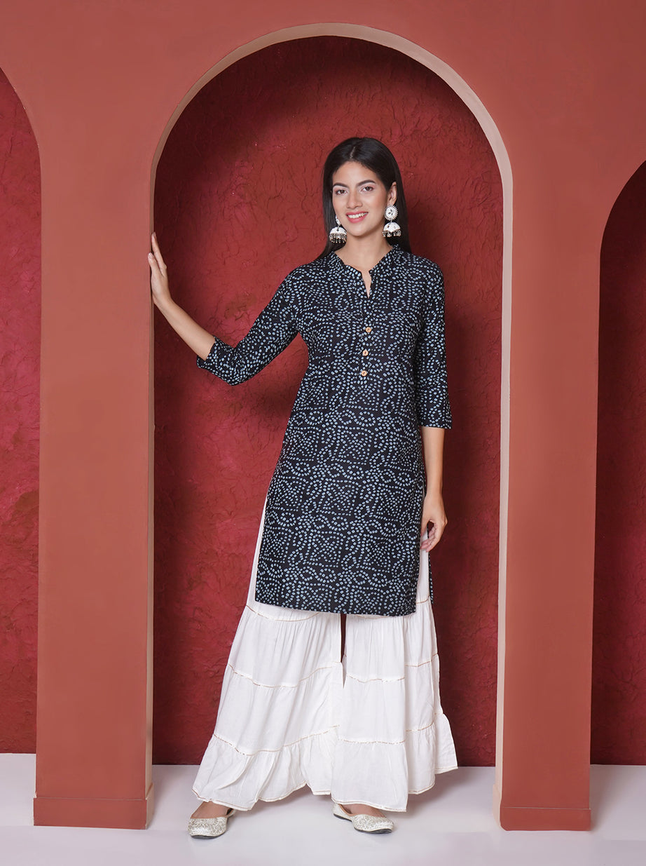 Printed A-line Kurta - Black